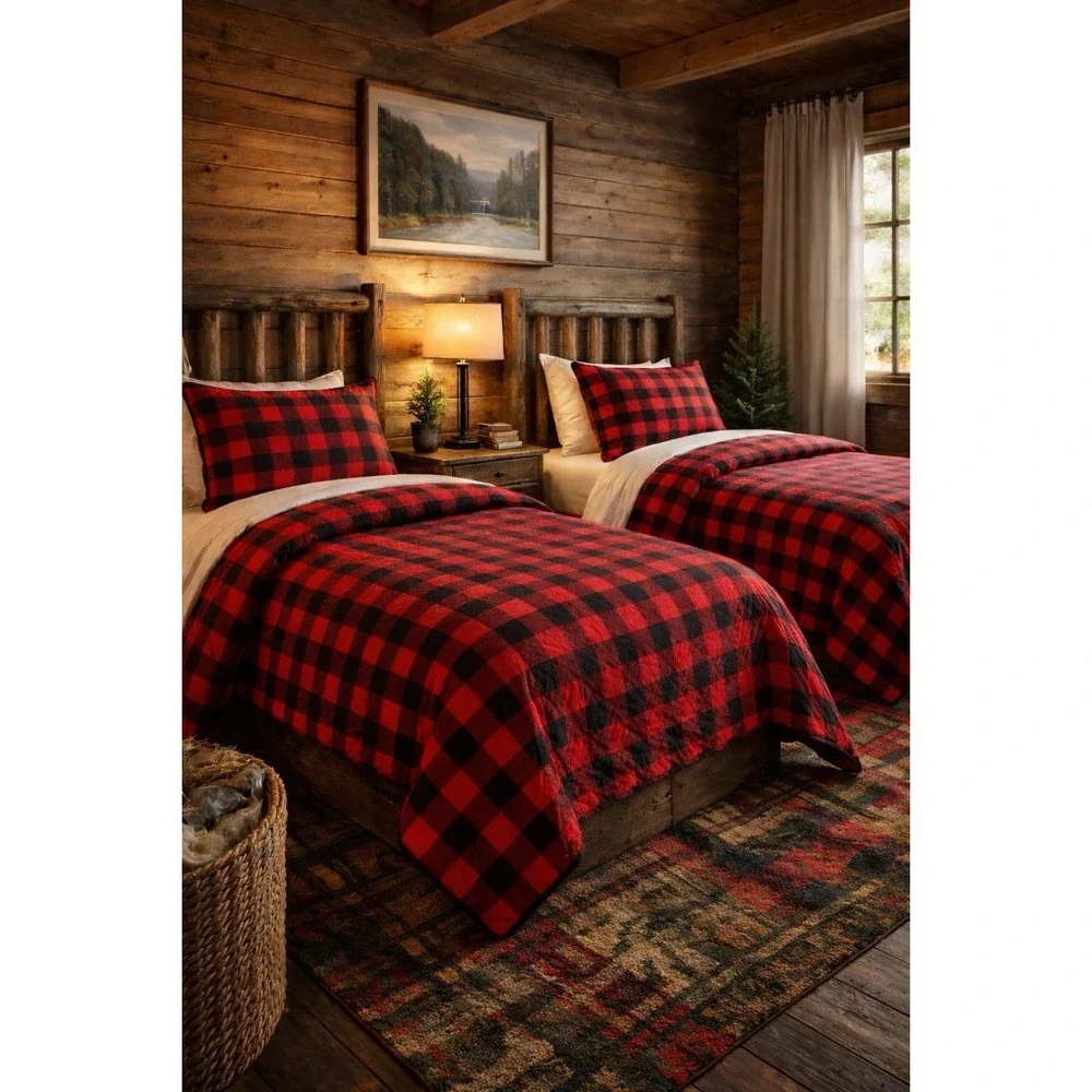 Twin Quilt Set Red Black Buffalo Plaid Coverlet with Sham‎ Cabin Lodge Bedding